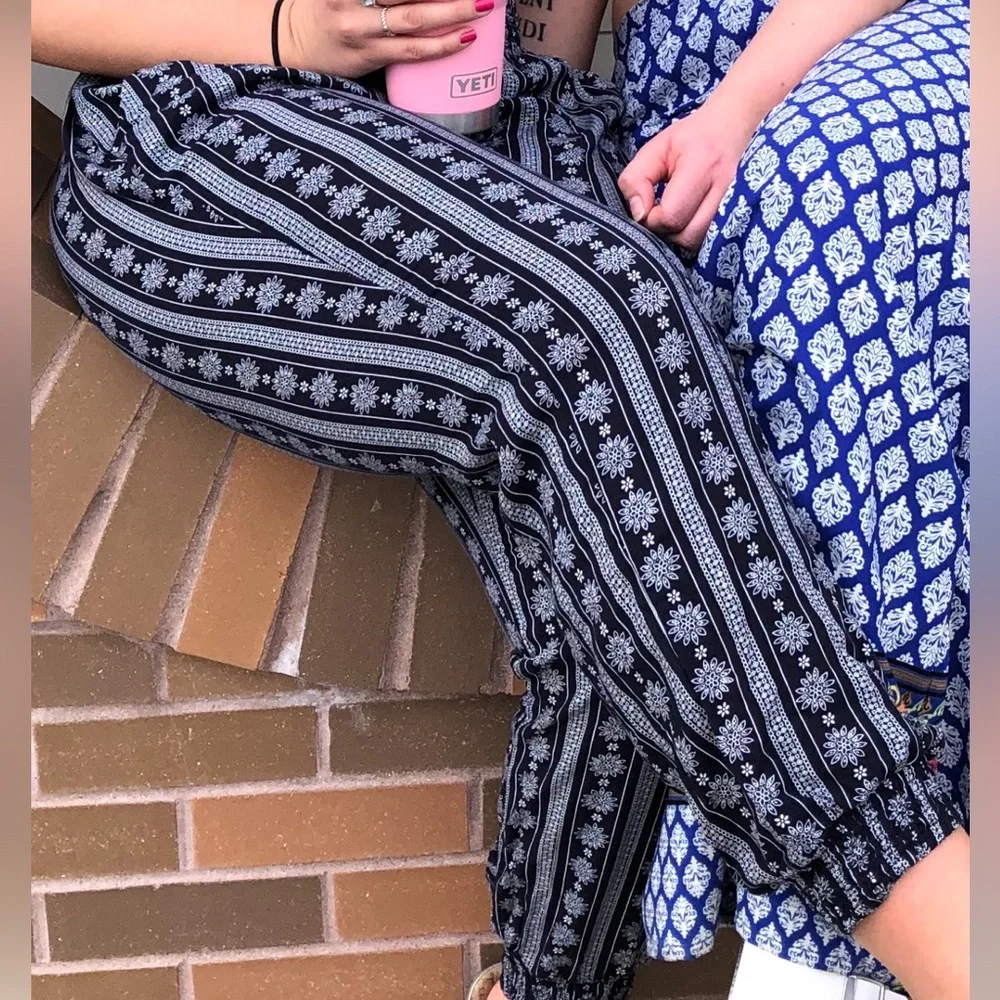 Navy Blue and White Patterned Women's Pants - Picture 1 of 10